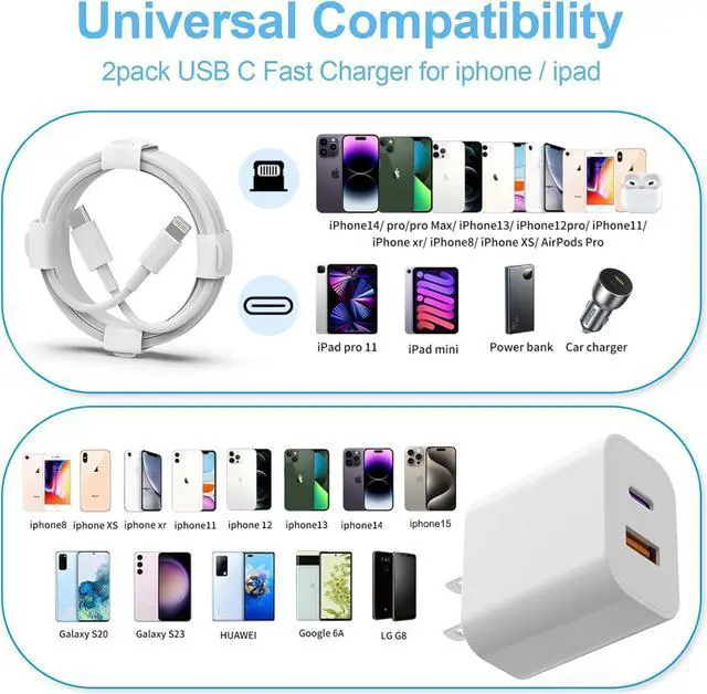 Alt view image 7 of 7 - 20W Dual Port Fast Charger Block 2-Pack with 6FT & 10FT MFi-Certified Cables, PD/QC3.0 Quick Charge Adapter for iPhone 14/13/12/11 Pro Max/XS/XR/X, iPad, AirPods Pro - Overheat & Surge Protection