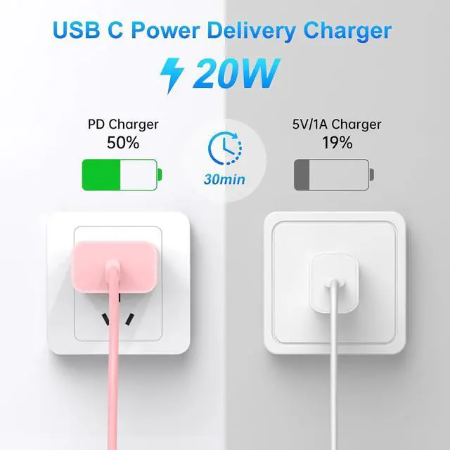 Alt view image 6 of 7 - Compatible with Phone 16/15 Charge Fast Charging 20W USB C Wall Charger with 3Pack 10FT USB C Cable Type C Fast Charger Compatible with Phone/Android/Phone/Samsumg/Pad Purple Blue Pink