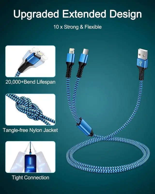 Alt view image 5 of 7 - 3Pack-4FT  & Android USB to Lightning & USB-C 2-in-1 Fast Charger Cable for iPhone 16e 16 15 14 Pro Max Plus 13 12 11  Galaxy A17 A16 Google Pixel 10 9 8 7 Multi USBC Lighting USB Cord