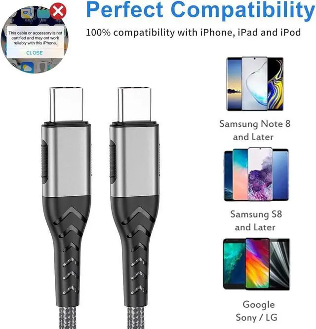 Alt view image 5 of 6 - USB C to USB C Cable 2Pack 100W 10ft USB C Charger Cable Fast Charging for Android/Phone/Pad Type C to Type C Charger Braided USB Cable Compatible with iPhone 16/15 Pro Plus Max Silver