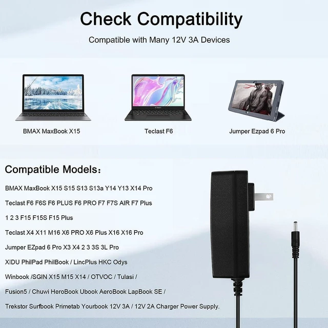 Alt view image 2 of 7 - 12V AC Adapter Compatible with Jumper ubook x 12 EZBook x3 x4 s4 s5 x1s/ EZbook 2 3 3s 3l pro/EZpad 3 Plus a5 JHD-AP036B-120300AA-A Laptop Power Supply Cord Battery Charger Cable PSU