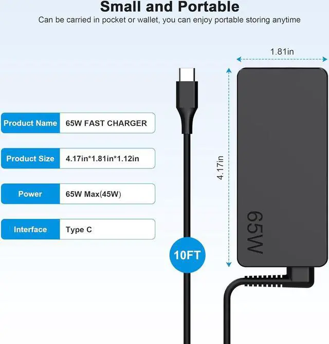Alt view image 5 of 7 - Replacement for 65W Lenovo Laptop Charger USB C for Lenovo ThinkPad Yoga chomebook Computer Type c Fast Power Adapter