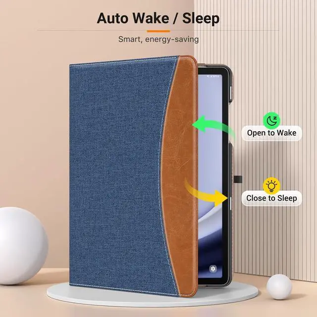 Alt view image 3 of 7 - Case for  Galaxy Tab A9 Plus 11 2023 (SM-X210/SM-X216/SM-X218) PU Leather Multi-Angle Viewing Folding Stand Cover Case with Hand Strap Front Pocket Auto Wake/Sleep Denim Blue & Brown