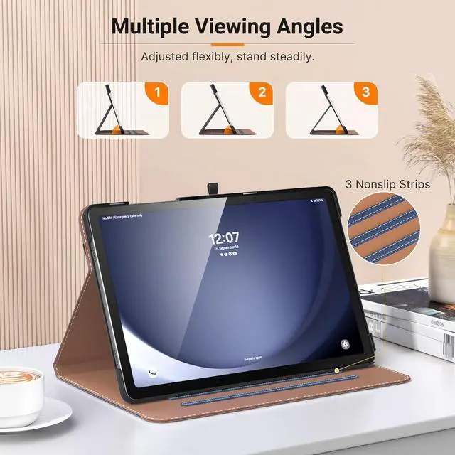 Alt view image 4 of 7 - Case for  Galaxy Tab A9 Plus 11 2023 (SM-X210/SM-X216/SM-X218) PU Leather Multi-Angle Viewing Folding Stand Cover Case with Hand Strap Front Pocket Auto Wake/Sleep Denim Blue & Brown