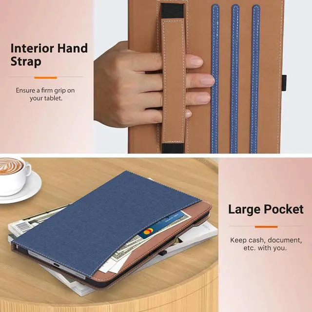 Alt view image 6 of 7 - Case for  Galaxy Tab A9 Plus 11 2023 (SM-X210/SM-X216/SM-X218) PU Leather Multi-Angle Viewing Folding Stand Cover Case with Hand Strap Front Pocket Auto Wake/Sleep Denim Blue & Brown