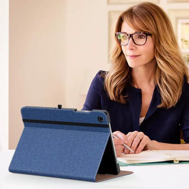 Alt view image 7 of 7 - Case for  Galaxy Tab A9 Plus 11 2023 (SM-X210/SM-X216/SM-X218) PU Leather Multi-Angle Viewing Folding Stand Cover Case with Hand Strap Front Pocket Auto Wake/Sleep Denim Blue & Brown