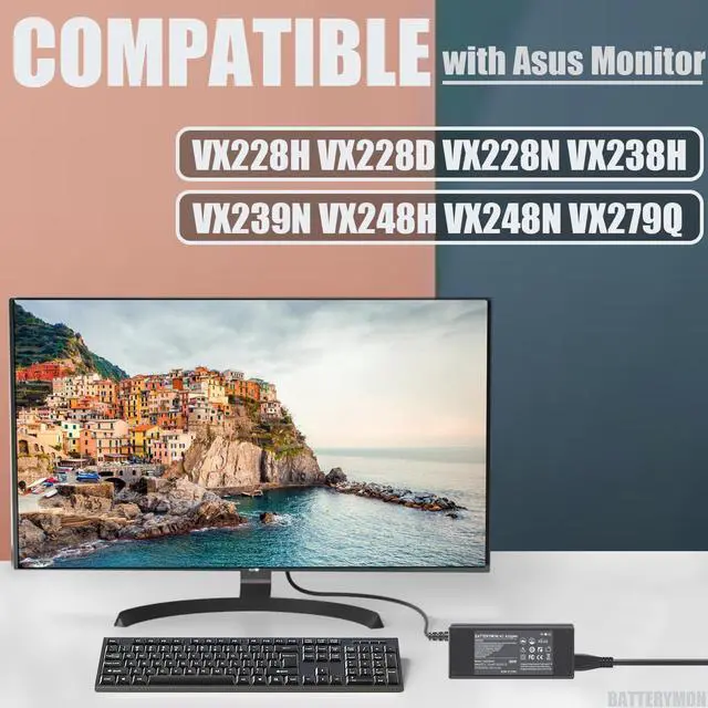 Alt view image 2 of 6 - 19V Monitor Power Adapter Cord Compatible with  VG278Q VG278 VG279 VG279Q VG245H VG245 VG248QE VX248 VX248H VX228H VX279H MX239H MX279H LS246H LCD  27 24 23 22 Gaming Monitor Charger