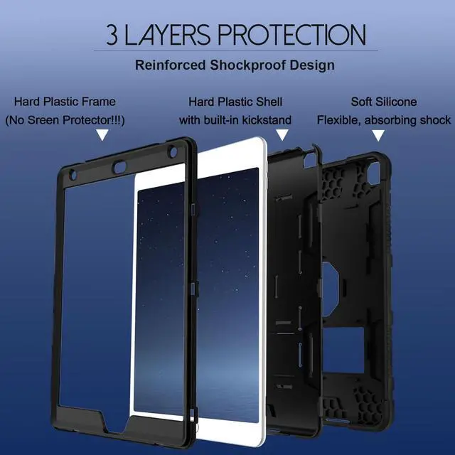 Alt view image 5 of 6 - Rantice iPad 6th Generation Cases , 5th Case , Air 2 9.7 Shockproof Rugged Drop Protection Cover Built with Kickstand for 9.7'' A1893/A1954/A1822/A1823 (Black)