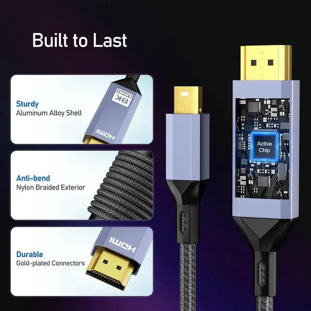 Alt view image 6 of 7 - 8K Mini DisplayPort to HDMI Cable 6.6ft Mini DP 1.4 to HDMI Nylon Braided Aluminum Shell Support 8K@60Hz 4K@120Hz UHD HDR for MacBook Pro iMac Mac Mini Surface Pro