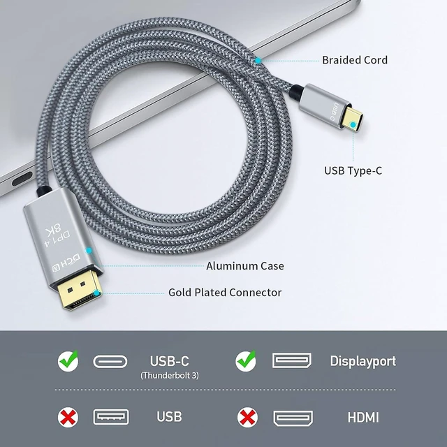 Alt view image 2 of 6 - DCHAV 8K USB-C to DisplayPort Cable 6-Foot 4K@144Hz 8K@60Hz 5K 2K@165Hz USB to DP Adapter Display Port Cord Nylon Braided Aluminum Connector for Monitor Computer Laptop Television Tablet