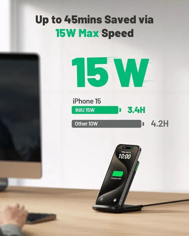 Alt view image 2 of 7 - INIU Wireless Charger, 15W Fast Qi-Certified Wireless Charging Station with Sleep-Friendly Adaptive Light Compatible with iPhone 16 15 14 13 Pro XS 8 Plus Samsung Galaxy S25 S24 S23 Note 20 Google etc