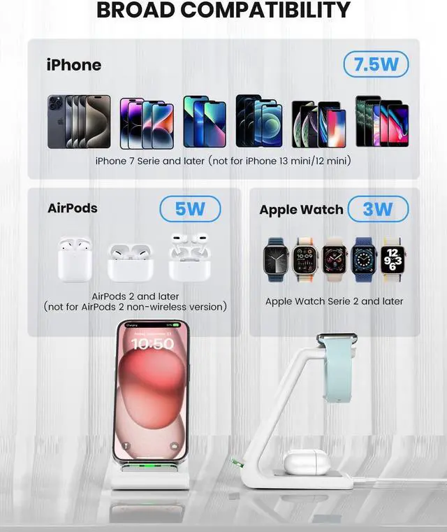 Alt view image 6 of 7 - Wireless Charging Stand, GEEKERA 3 in 1 Wireless Charger Dock Station for iPhone 15 14 13 12 11 Pro Max Plus XR XS 8 Plus, Apple Watch Ultra/9/SE/8/7/6/5/4/3/2, AirPods Pro/3