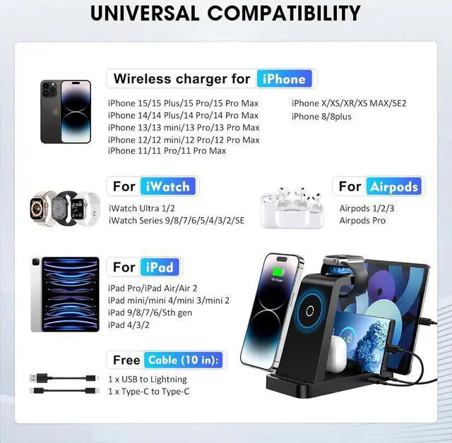 Alt view image 3 of 6 - Wireless Charger for iPhone - 5 in 1 Charging Station for Multiple Devices Apple: Fast Wireless Charging Stand Dock for iPhone 15 14 13 12 Pro Max Apple Watch Airpods