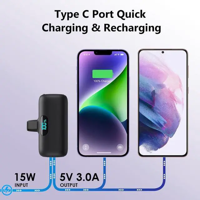 Alt view image 6 of 7 - [2 Pack]Mini Portable Charger 5000mAh Ultra-Compact 15W PD Fast Charging Power Bank LCD Display Cute Battery Pack Backup Charger Compatible with iPhone 14/14 Pro Max/13/13 Pro/12/XR/8/7/6-Black+White