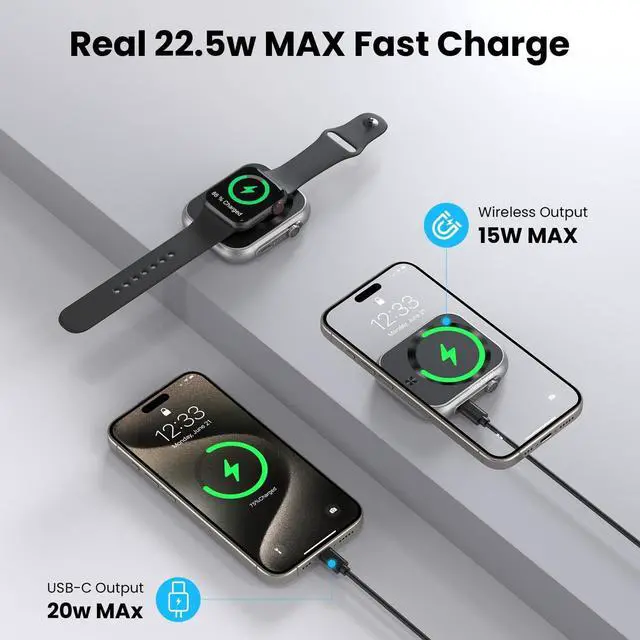 Alt view image 4 of 7 - Wireless Portable Charger,3-in-1 Magnetic Power Bank 5000mAh,22.5W Fast Charging USB-C Mag-Safe Battery Pack,Compatible with iPhone 16/15/14/13/12,Apple Watch Series,Airpods