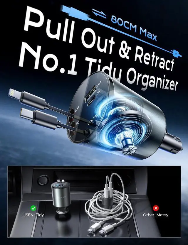 Alt view image 3 of 7 - LISEN 4 in 1 Retractable iPhone Car Charger [All Metal] [69W], Fast Charge Car Phone Charger Adapter Retractable Cables, Car Organization for iPhone 15 Pro Max Plus 14 13 iPad Samsung Pixel iPad