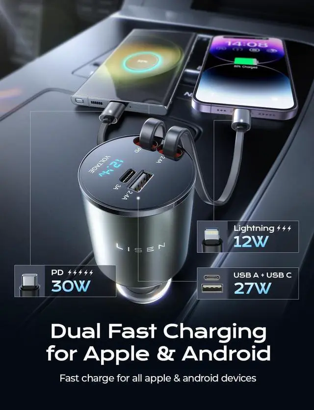 Alt view image 6 of 7 - LISEN 4 in 1 Retractable iPhone Car Charger [All Metal] [69W], Fast Charge Car Phone Charger Adapter Retractable Cables, Car Organization for iPhone 15 Pro Max Plus 14 13 iPad Samsung Pixel iPad