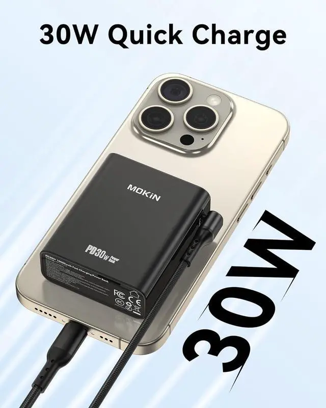 Alt view image 2 of 7 - MOKiN Fast Charging 30W Portable Power Bank, 10,000mAh Battery Pack Charger, USB C PD3.0 QC4.0 with Digital Display, USB C Cable, 1 USB C, 1 USB A, Compatible with iPhone 15/14/13 Series, Samsung