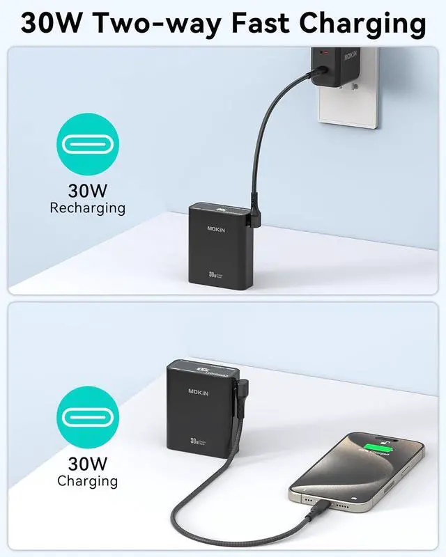 Alt view image 4 of 7 - MOKiN Fast Charging 30W Portable Power Bank, 10,000mAh Battery Pack Charger, USB C PD3.0 QC4.0 with Digital Display, USB C Cable, 1 USB C, 1 USB A, Compatible with iPhone 15/14/13 Series, Samsung