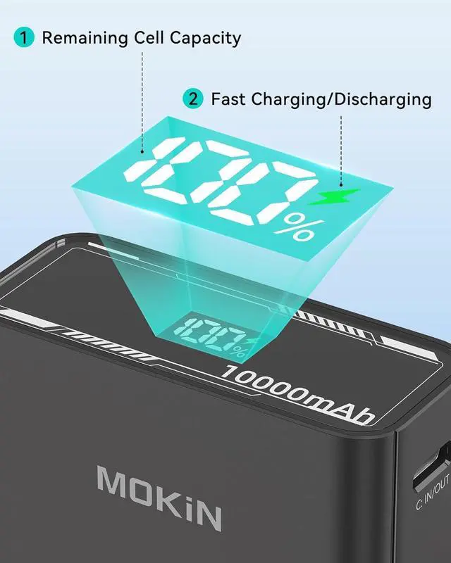 Alt view image 7 of 7 - MOKiN Fast Charging 30W Portable Power Bank, 10,000mAh Battery Pack Charger, USB C PD3.0 QC4.0 with Digital Display, USB C Cable, 1 USB C, 1 USB A, Compatible with iPhone 15/14/13 Series, Samsung
