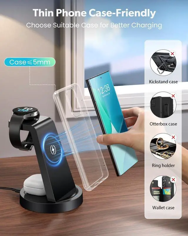 Alt view image 3 of 7 - Wireless Charger for : 3 in 1 Wireless Charging Station for  Galaxy Watch 8 7 6 5 4 3 Pro Classic Galaxy Buds - Charger Dock Stand for S25 S24 Ultra S23 S22 S21 Note Z Fold Android