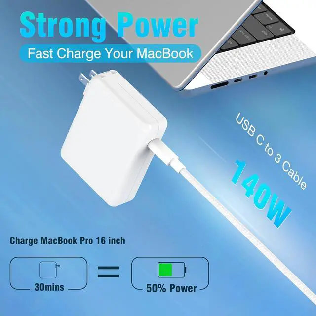 Alt view image 2 of 7 - 140W USB C Charger Power Adapter for MacBook Pro 16 14 inch 2023 2022 2021 M3 M2 M1 PD3.1 2022 2023 2024 MacBook Air 13 15 inch 6.6FT USB C to 3 Braided Cable LED Powerful Connect Original Quality