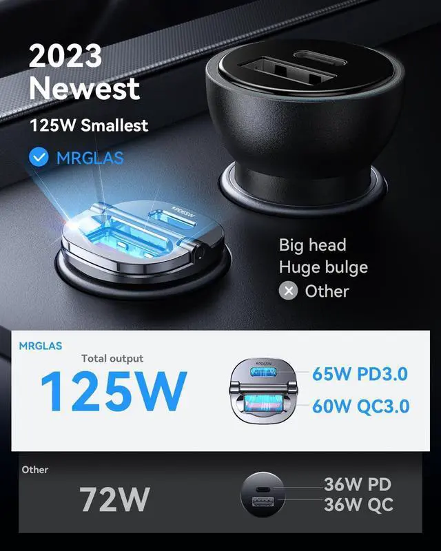 Alt view image 2 of 7 - MRGLAS [2-Pack]125W USB C Car Charger, Mini Metal USB C Car Charger Adapter Fast Charging PD65W & QC60W Dual Port Type C Car Cigarette Lighter USB Charger for iPhone 15 14 ProMax iPad Samsung Macbook