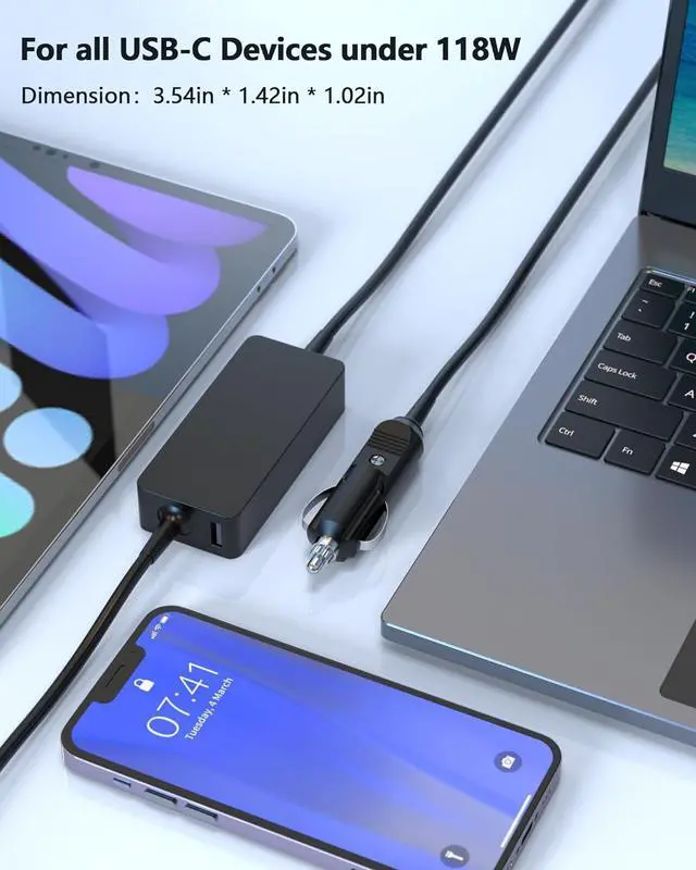 Alt view image 7 of 7 - 100W USB C Laptop Car Charger Compatible with HP, Lenovo, Dell, MacBook, Samsung, Asus, Surface, Acer Universal Type C Power Adapter Cord