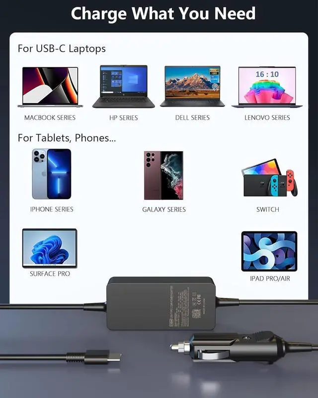 Alt view image 5 of 7 - 100W USB C Laptop Car Charger Compatible with HP, Lenovo, Dell, MacBook, Samsung, Asus, Surface, Acer Universal Type C Power Adapter Cord