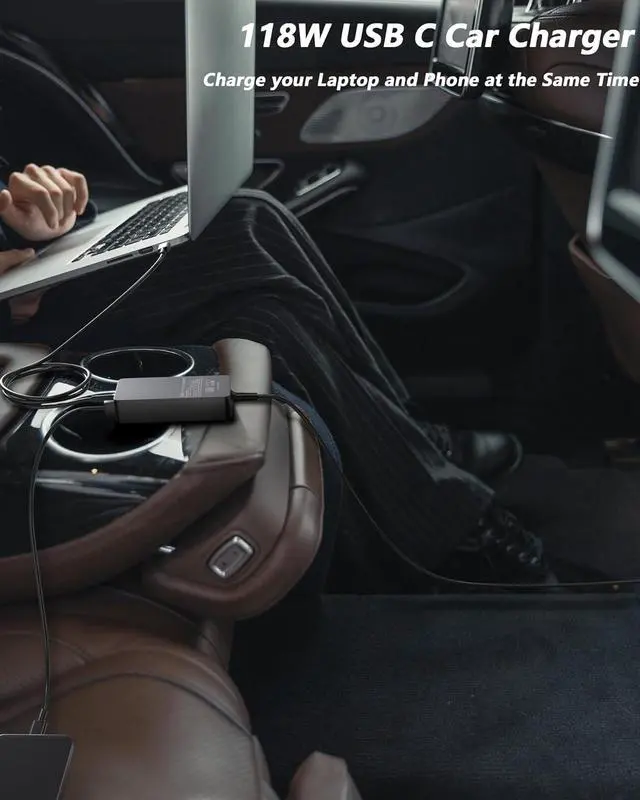 Alt view image 2 of 7 - 100W USB C Laptop Car Charger Compatible with HP, Lenovo, Dell, MacBook, Samsung, Asus, Surface, Acer Universal Type C Power Adapter Cord