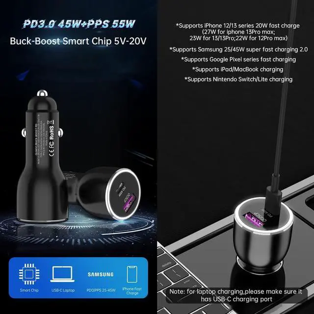 Alt view image 6 of 7 - 45W Super Fast Charger USB Type C Combo Kit Wall/Car Charger PD PPS for Samsung Galaxy S25 S24 S23 S22 Ultra Plus S21 S20 A25 A15 A53 A52 5G iPhone 16 15 Pro Max iPad MacBook 3.3ft/6.6ft 5A Cable