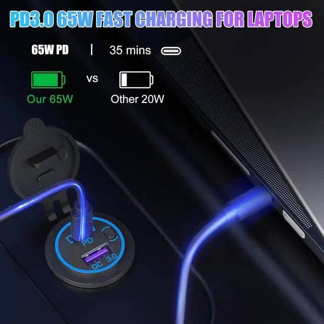 Alt view image 3 of 7 - Boostable 12V USB C Outlet 65W PD3.0 Port and 18W Quick Charge 3.0 Car USB Charger Socket for Laptops Tablets Phones, Waterproof 12V/24V Socket with Power Switch for Car Marine Boat Motorcycle RV