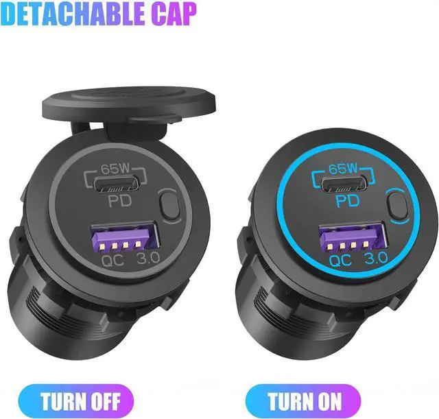 Alt view image 4 of 7 - Boostable 12V USB C Outlet 65W PD3.0 Port and 18W Quick Charge 3.0 Car USB Charger Socket for Laptops Tablets Phones, Waterproof 12V/24V Socket with Power Switch for Car Marine Boat Motorcycle RV
