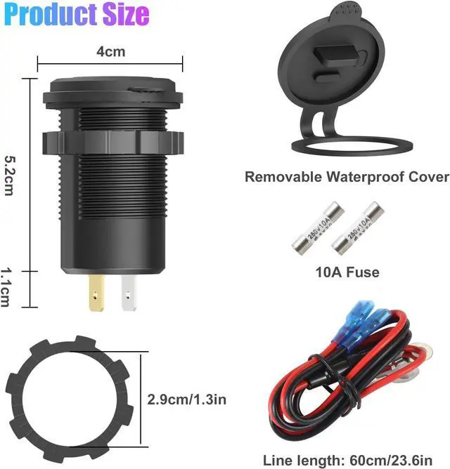 Alt view image 6 of 7 - Boostable 12V USB C Outlet 65W PD3.0 Port and 18W Quick Charge 3.0 Car USB Charger Socket for Laptops Tablets Phones, Waterproof 12V/24V Socket with Power Switch for Car Marine Boat Motorcycle RV
