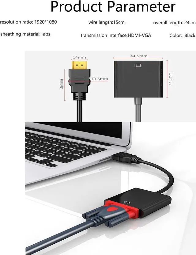 Alt view image 3 of 6 - Gold-Plated HDMI to VGA Adapter 1080P Video Converter Male to Female with 3.5mm Audio Port and miniUSB to USB port for PC Laptop DVD Monitor Projector HDTV Chromebook Raspberry Pi and More