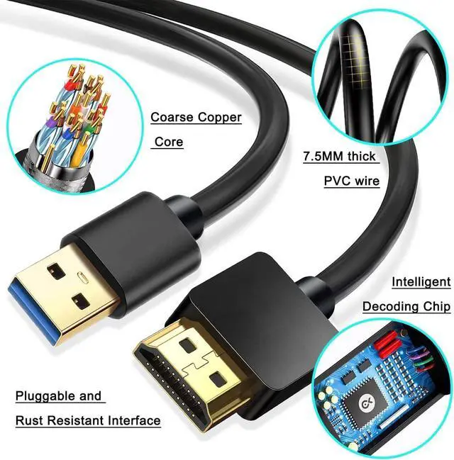Alt view image 4 of 6 - USB to HDMI Adapter Cable 6.6FT USB to HDMI Cable Male to Male Full 1080P HD Display Cable Audio Video Converter Cord for PC/Laptop to Monitor/HDTV/Projector