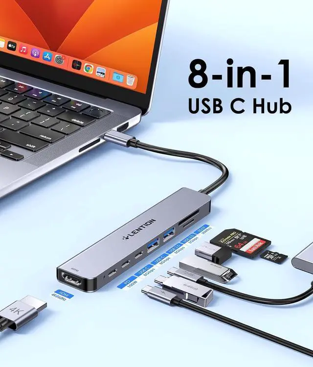 Alt view image 2 of 7 - LENTION 8 in 1 USB C Hub with 4K@60Hz HDMI Adapter, 2 USB C Data & 2 USB 3.0 Port, 100W PD, SD/Micro SD Card Reader for 2023-2016 MacBook Pro, New Mac Air/Surface, More, (CB-CE19, Space Gray)