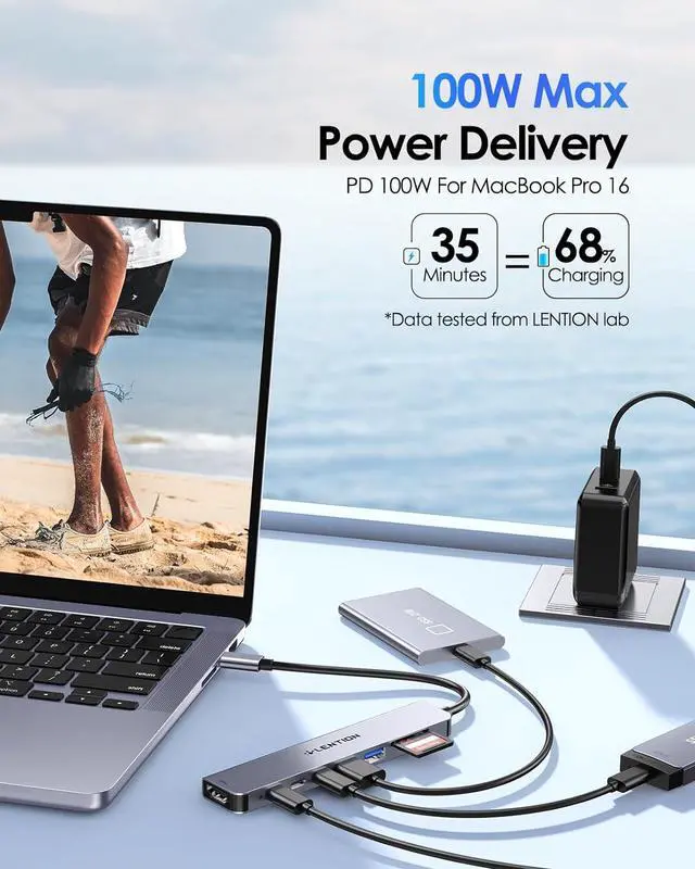 Alt view image 6 of 7 - LENTION 8 in 1 USB C Hub with 4K@60Hz HDMI Adapter, 2 USB C Data & 2 USB 3.0 Port, 100W PD, SD/Micro SD Card Reader for 2023-2016 MacBook Pro, New Mac Air/Surface, More, (CB-CE19, Space Gray)