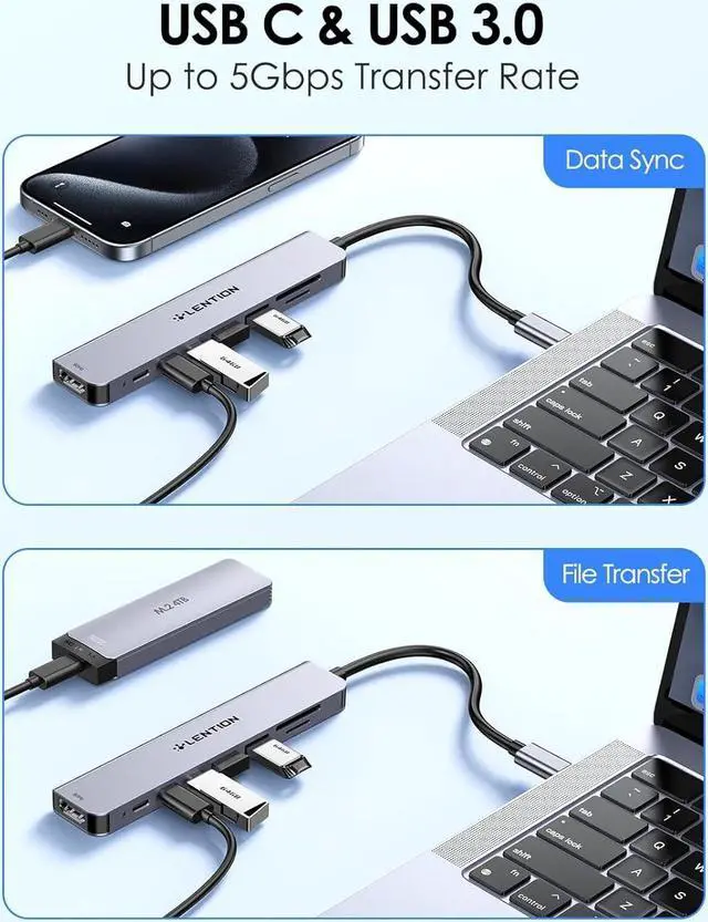 Alt view image 4 of 7 - LENTION 8 in 1 USB C Hub with 4K@60Hz HDMI Adapter, 2 USB C Data & 2 USB 3.0 Port, 100W PD, SD/Micro SD Card Reader for 2023-2016 MacBook Pro, New Mac Air/Surface, More, (CB-CE19, Space Gray)