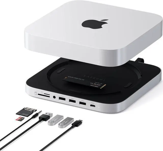 Main image of Satechi Mac Mini Hub & Stand with SSD Enclosure for NVME/SATA M.2, Mac Mini Dock with USB C 10Gbps, 3 USB A 5/10Gbps, 2.0 Audio Jack, for Mac Mini M2 /M1, Mac Studio - Silver