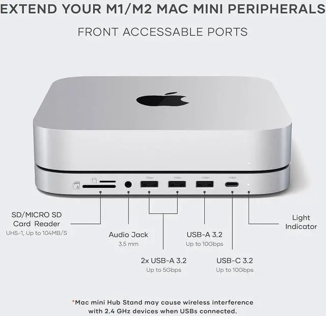 Alt view image 3 of 6 - Satechi Mac Mini Hub & Stand with SSD Enclosure for NVME/SATA M.2, Mac Mini Dock with USB C 10Gbps, 3 USB A 5/10Gbps, 2.0 Audio Jack, for Mac Mini M2 /M1, Mac Studio - Silver
