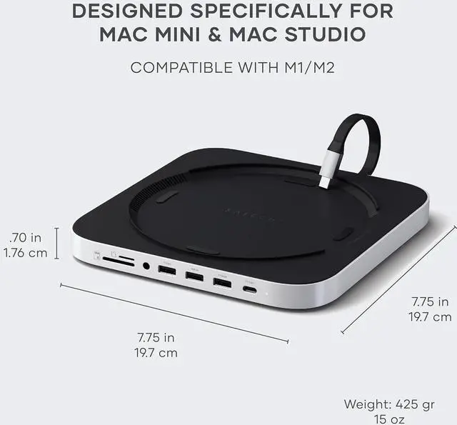 Alt view image 4 of 6 - Satechi Mac Mini Hub & Stand with SSD Enclosure for NVME/SATA M.2, Mac Mini Dock with USB C 10Gbps, 3 USB A 5/10Gbps, 2.0 Audio Jack, for Mac Mini M2 /M1, Mac Studio - Silver