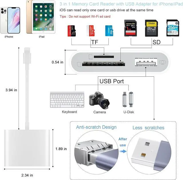 Alt view image 2 of 6 - SD Card Reader for iPhone Memory Card Reader with USB Camera Adapter Plug and Play Trail Game Camera Viewer Supports SD and TF Card MicroSD Card Adapter for iPad No App Required