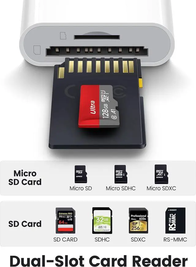 Alt view image 2 of 7 - SD Card Reader for iPhone iPad Lightening& USB-C Dual Connector Memory SD Card Adapter Support SD/MicroSD Cards High-Speed Digital Trail Game Camera to iPhone Viewer Plug and Play - White