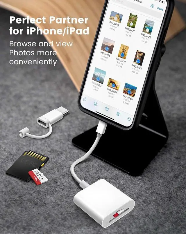Alt view image 7 of 7 - SD Card Reader for iPhone iPad Lightening& USB-C Dual Connector Memory SD Card Adapter Support SD/MicroSD Cards High-Speed Digital Trail Game Camera to iPhone Viewer Plug and Play - White