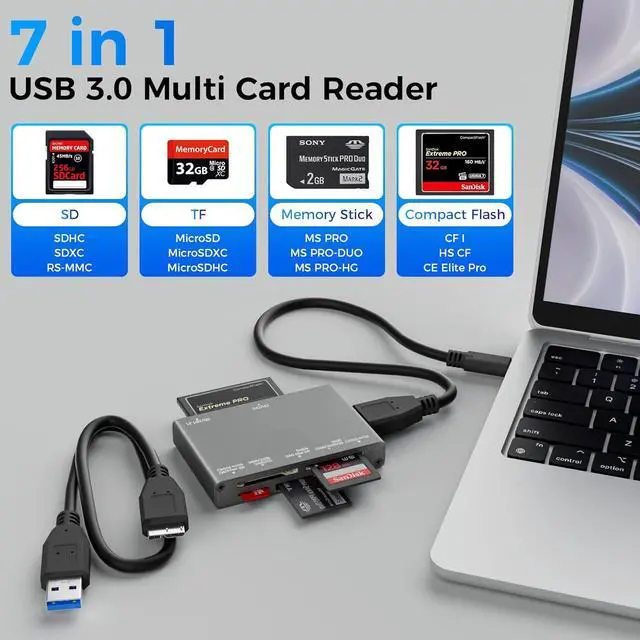 Alt view image 2 of 6 - 7-in-1 Multi Memory Card Reader USB 3.0 SD Card Reader Writer(5Gbps) Read 7 Cards Simultaneously for SD/Micro SD/MS/CF/MMC/XD/SDHC/SDXC Camera Memory Card (with 2 USB A and C to Mirco B 3.0 Cables)