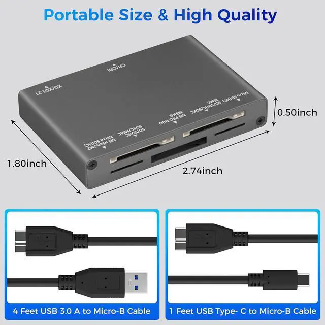 Alt view image 5 of 6 - 7-in-1 Multi Memory Card Reader USB 3.0 SD Card Reader Writer(5Gbps) Read 7 Cards Simultaneously for SD/Micro SD/MS/CF/MMC/XD/SDHC/SDXC Camera Memory Card (with 2 USB A and C to Mirco B 3.0 Cables)