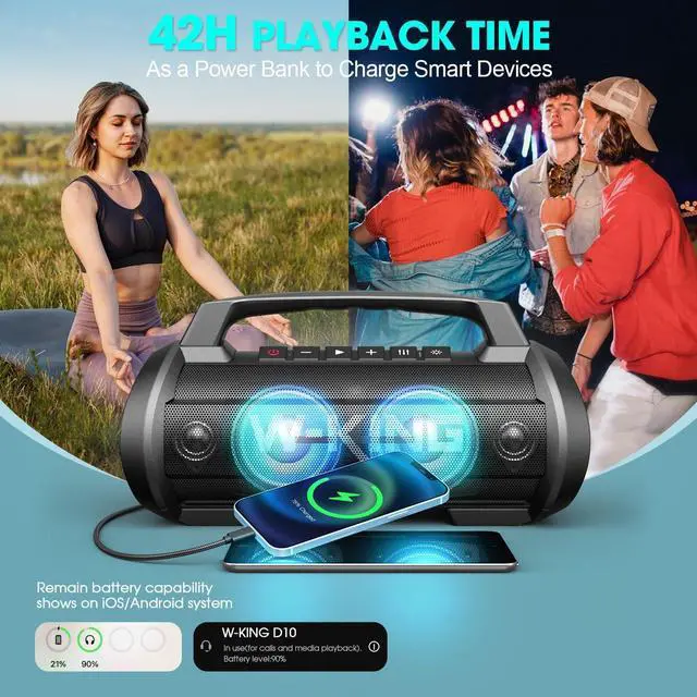 Alt view image 4 of 7 - W-KING Portable Speaker, 120W Peak 70W RMS Bluetooth Speaker Wireless Loud IPX6 Waterproof Bluetooth Speakers with Subwoofer/Bass Boost/Hi-Fi Stereo/42H/Powerbank/MIC in, Party Large Outdoor Boombox
