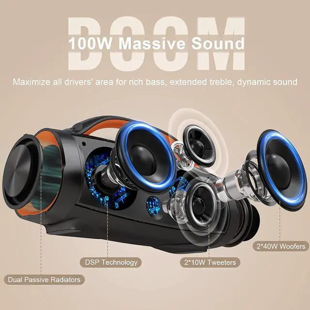 Alt view image 2 of 7 - DOSS Extreme Boom Pro Bluetooth Speaker with 100W Stereo Sound, Rich Bass, IPX6 Waterproof, 20H Playtime, Power Bank, Mixed Color Light, Portable for Outdoor, Camping, Beach - Orange