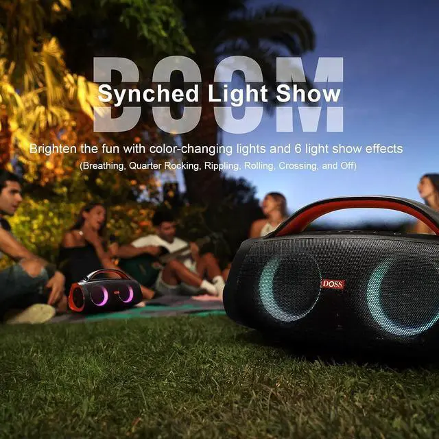 Alt view image 6 of 7 - DOSS Extreme Boom Pro Bluetooth Speaker with 100W Stereo Sound, Rich Bass, IPX6 Waterproof, 20H Playtime, Power Bank, Mixed Color Light, Portable for Outdoor, Camping, Beach - Orange